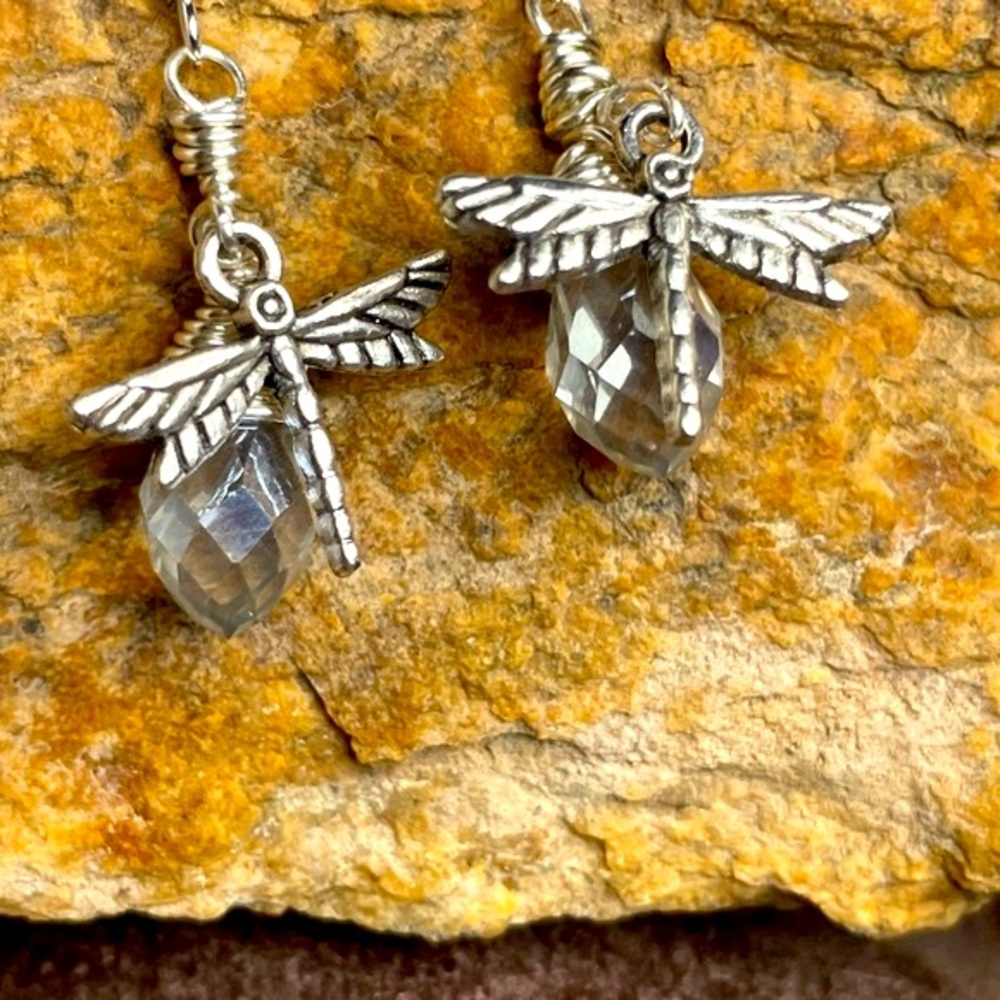 Handmade Silver Sparkling 
Crystal Dragonfly 
Earrings Boho Cottagecore - Picture 8 of 17